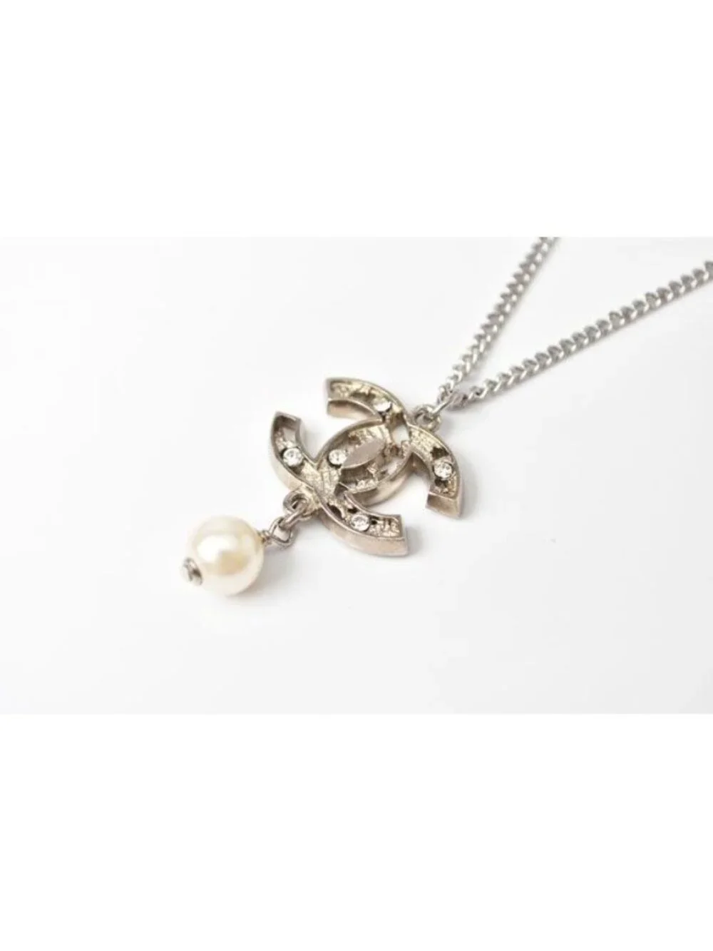 Chanel Coco Mark Rhinestone Faux Pearl Silver Rye White Gold